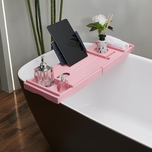 Pink Bamboo Bathtub Caddy with Bath Sponge, Bath Tray for Bathtub, Expandable Size, Fits Most Bath Tubs
