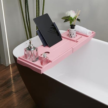 Pink Bamboo Bathtub Caddy with Bath Sponge, Bath Tray for Bathtub, Expandable Size, Fits Most Bath Tubs