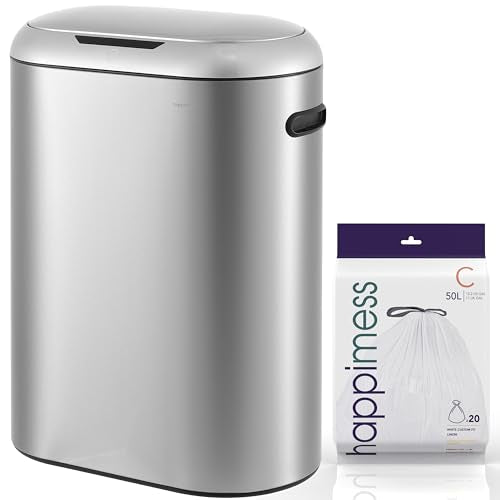 happimess 13.2 Gal Oval Motion Sensor Trash Can, Platinum Silver | Oval, Motion Sensor, Touch Mode, Fingerprint Resistant, Stainless Steel, Soft Close Lid, 17.7" W x 9.84" D x 24.2" H - color: Platinum Silver