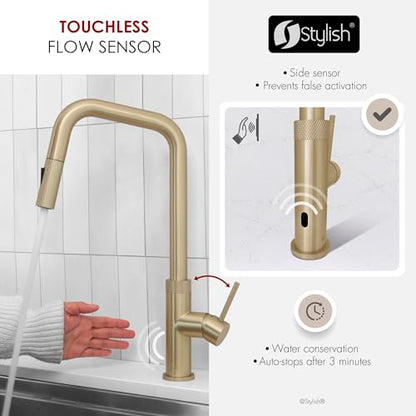 Stylish Touchless Kitchen Faucet with Pull Down Sprayer Single Lever Handle Dual Function Stainless Steel Kitchen Sink Faucet with Ceramic Cartridge and Aerator Brushed Gold Finish, K-150GM - color: Brushed Gold