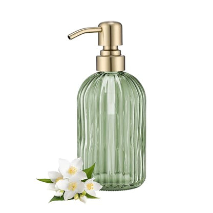 16Oz Green Glass Soap Dispenser with Rust Proof Stainless Steel Pump, Green Stripe Bathroom Hand Dish Lotion Dispensers with Brushed Gold Pump,Brushed Gold Glass Soap Dispenser - color: Brushed Gold + Green, size: 1-Pack