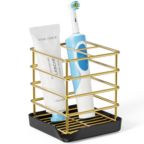 Toothbrush Holders for Bathroom,Gold,Stainless Steel,Detachable,Tray,3 Slot | Easy to Clean,Multifunctional,Kids Electric Toothbrush Organizer,Drainage,Removable,For Bathroom,Vanity,Kitchen Sink,Office - size: Gold