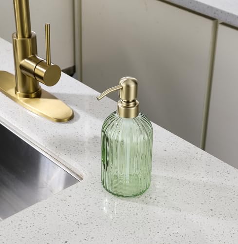 16Oz Green Glass Soap Dispenser with Rust Proof Stainless Steel Pump, Green Stripe Bathroom Hand Dish Lotion Dispensers with Brushed Gold Pump,Brushed Gold Glass Soap Dispenser - color: Brushed Gold + Green, size: 1-Pack