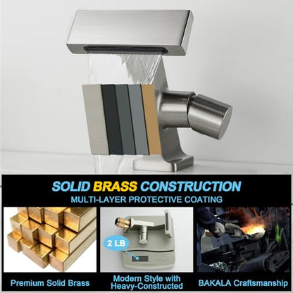 BAKALA Bathroom Sink Faucets Brushed Nickel, Waterfall Bathroom Faucet 1 Hole, Single Handle Brass Bathroom Faucet Deck Mount with 2 Supply Hoses for Basin Lavatory Vanity - color: Brushed Nickel