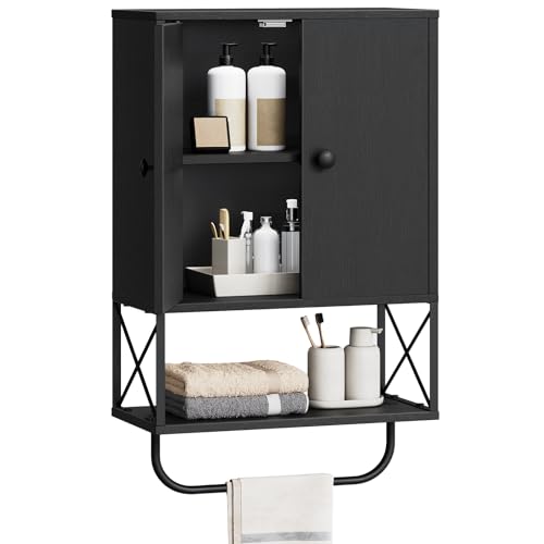 MAHANCRIS Bathroom Wall Cabinet with 2 Door and Adjustable Shelf, Farmhouse Medicine Cabinet with Towel Rack, 3-Tier Wall Mounted Storage Cabinet Over The Toilet for Bathroom Laundry Room, Black - color: Black, size: 15.0"l X 7.9"w X 26.1"h