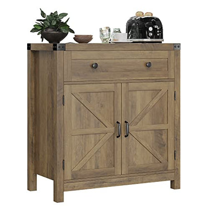 HOSTACK Kitchen Storage Cabinet, Farmhouse Coffee Bar Cabinet, Rustic Brown | Small Buffet Cabinet with Doors & Wide Drawer, Wood Sideboard Buffet, Entry Table w/ Adjustable Shelf for Dining Living Room - color: Rustic Brown
