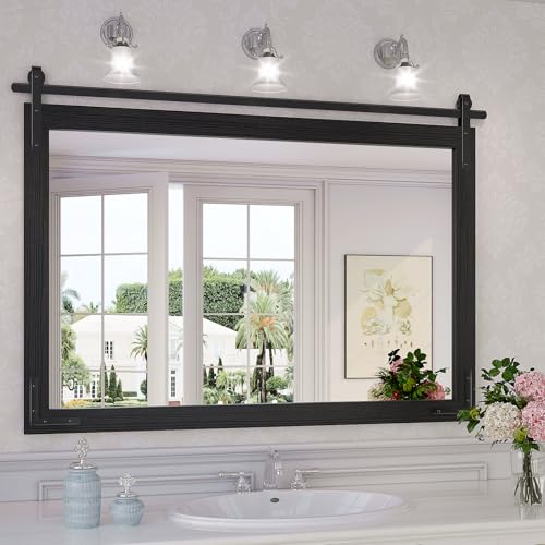 Farmhouse Bathroom Mirror, 40"x30" Black Rustic Bathroom Mirrors | HD glass, solid wooded framed, rectangle, explosion-proof, barn door style, anti-rust, for bathroom/bedroom/entryway - color: Black, size: 40"L x 30"W