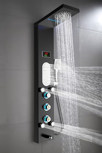 ELLO&ALLO LED Shower Panel Tower System, Rainfall and Mist Shower Head Rain Massage with Body Jets, Brushed Black - color: Black
