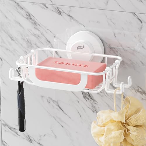 TAILI Soap Bar Holder Dish with Hooks, Shower Soap Tray Saver Suction Cup with Razor Holder for Wall, Rustproof Stainless Steel Bath Shampoo Caddy for Bathroom Accessories Organizer,Sink,White - color: White, size: 1 Tier