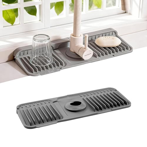 ZJWZLG Faucet Mat for Kitchen Sink, 14"X5.5" Silicone Sink Splash Guard , Snap-On Design & 7°slope Fast Drain, Folding Sink Faucet Mat for Universal Kitchen Bathroom Sink(Grey) - color: Gray, size: 14" x 5.5"
