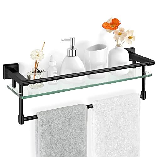 20-inch Glass Shelf with Towel bar, Matte Black-Finished Rail, Rectangular Stainless Steel Shelf, wall-Mounted Storage Rack - color: Matte Black, size: 20-inch with Railing