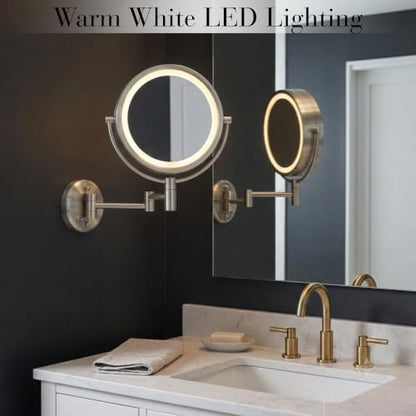 JERDON Hardwired Wall-Mount Makeup Mirror - 8X/1X - Nickel - HL75ND | 8.5" Diameter, 13.5" Wall Arm, LED Lighting, Direct Wire Installation - color: Nickel Direct Wire