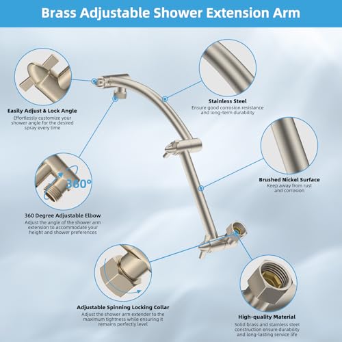 Hibbent All Metal 12'' Rain Shower Head, 16'' Extension Arm, Brushed Nickel | cUPC Certified High Pressure Rainfall Showerhead with Solid Brass Adjustable Shower Head Extension Arm, Fixed Showerheads - color: Brushed Nickel, style: Square 12''