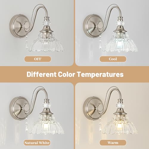 1 Piece Brushed Nickel Finish Wall Sconce, 1-Light Modern Wall Sconce with Hanging Crystal Accents and Flower-Shaped Clear Shades for Bathroom Bedroom Living Room,Modern Vanity Light - color: Nickel, size: 1-Light