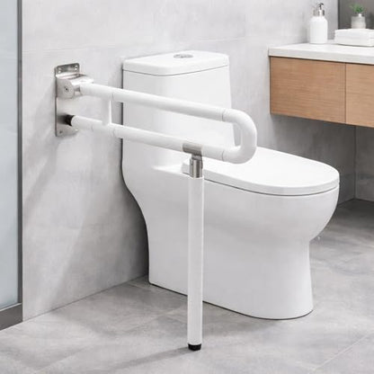 23.6" Flip-Up Toilet Grab Bar with Support Leg, Stainless Steel Bathroom Safety Rail for Elderly & Disabled, Folding Handicap Grab Bar Wall Mounted Assist Handle for Toilet, Shower & Bathtub
