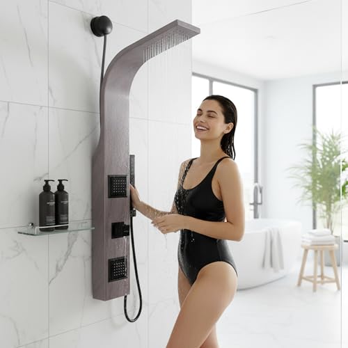 ANZZI Shower Head Panel Tower System | Aura | Grey Marble | 2 Turbo Jetted | Includes Two 2 Fully Adjustable Acu Stream Body Jets, Installation Installs To Existing Water Line, Built To Last