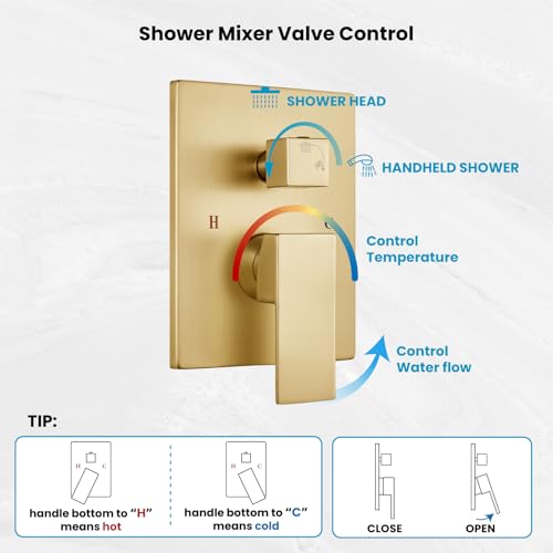 gotonovo Ceiling Shower System with Handheld Brushed Gold,10 inch Head | Ceiling Mount Bathroom Shower Faucet Set,SUS304 Rainfall Head and Handle Set Combo,Brass Valve Trim Kit,All Metal - color: Gold, size: 10 inch Head