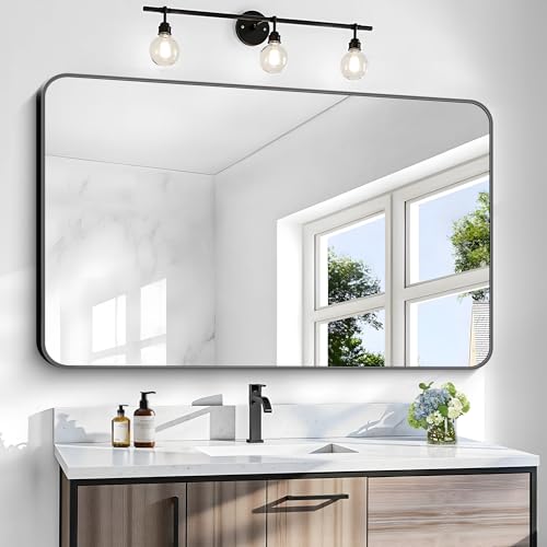 BONEWEI 30x48 inch Bathroom Mirror,Black Rectangle Mirror,Wall Mounted Bathroom Frame Vanity Mirror with Round Corner for Bedroom Living Room, Entryway Hangs Horizontal or Vertical - color: Black Rounded Rectangle, size: 48"L x 30"W