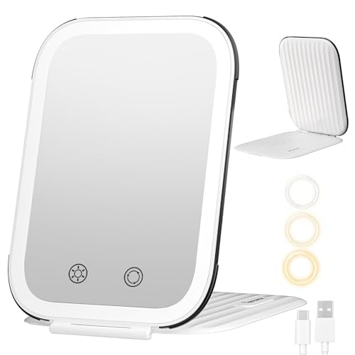 FUNTOUCH 2000mAh Rechargeable Travel Makeup Mirror with Lights | Light up Portable Vanity Mirror with 80 LEDs,Brightness Adjustable,3 Lighting, Dimming Compact Mirror - color: Pearl White