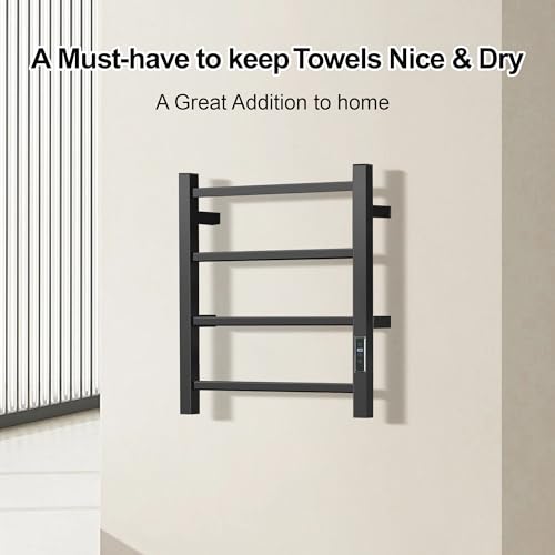 HARNDY Electric Towel Rack with Voice Control for Alexa & Google Home,TUYA - Wall-Mounted Bathroom Heating Towel Warmer,Plug-in,Stainless Steel Material (Square Black with Timer, 4 Bar) - color: Square Black With Timer, size: 4 Bar