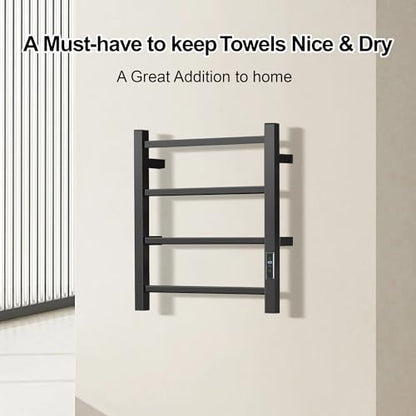 HARNDY Electric Towel Rack with Voice Control for Alexa & Google Home,TUYA - Wall-Mounted Bathroom Heating Towel Warmer,Plug-in,Stainless Steel Material (Square Black with Timer, 4 Bar) - color: Square Black With Timer, size: 4 Bar