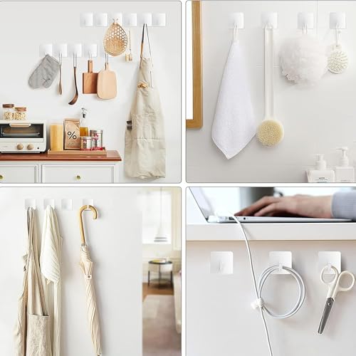 Adhesive Towel Hooks Heavy Duty Wall Hangers 6 Pack, Waterproof Stick-On Towel Holders for Bathroom, Kitchen, or Home Use, Stainless Steel Self-Adhesive Hooks for Hanging, White