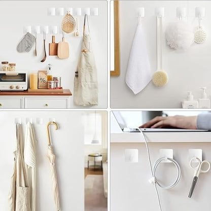 Adhesive Towel Hooks Heavy Duty Wall Hangers 6 Pack, Waterproof Stick-On Towel Holders for Bathroom, Kitchen, or Home Use, Stainless Steel Self-Adhesive Hooks for Hanging, White