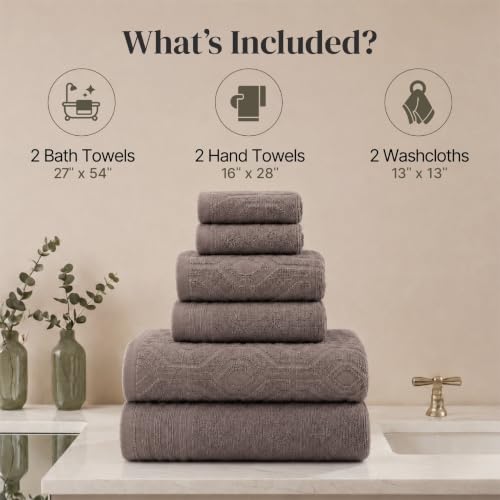 Modern Threads 6 Piece Cotton Bath Towel Set – Ultra Soft 550 GSM Towels – Bathroom Set with Hand Towels and Washcloths – Geometric (Classic Taupe) - color: Classic Taupe, style: Geometric