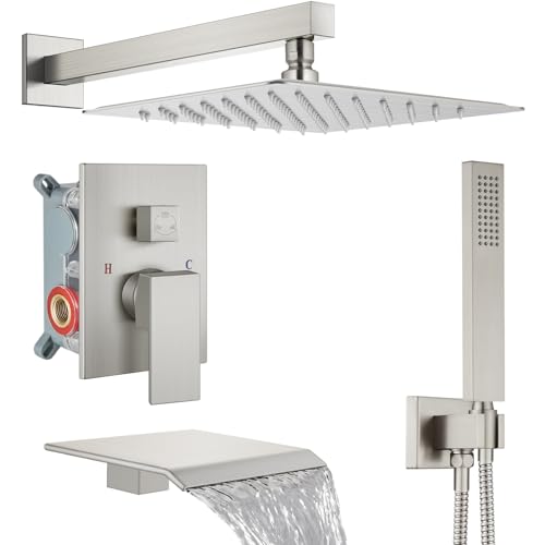 Midanya Shower System with Tub Spout,Bathtub Shower Faucet Set with Square Rainfall Head and Handheld Sprayer Wall Mount Tub Faucet Set with Valve and Trim Kit,10 Inch Brushed Nickel - color: Brushed Nickel, size: 10 Inch