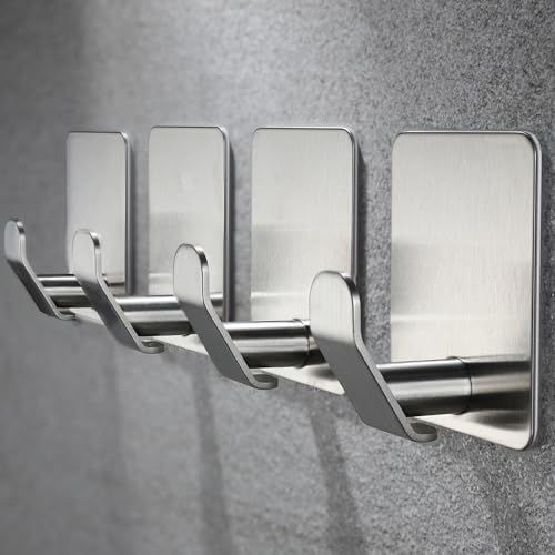 YIGII Towel Hooks no Damage Wall Surface, Adhesive Wall Hook for Kitchen and Bathroom, Stainless Steel Waterproof, 4 Pack Sticky Hooks, Silver
