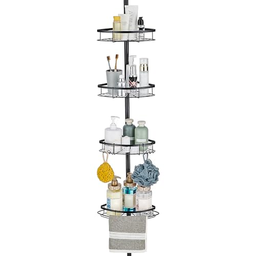 WPT Black Shower Caddy Corner Organizer for Bathroom, Stainless Steel Tension Pole Corner Shelf Shower Caddy Stand for Bathtub Shampoo Storage, 4 Tier Adjustable Shelves, 28.7 to 104.7 Inches - color: Black