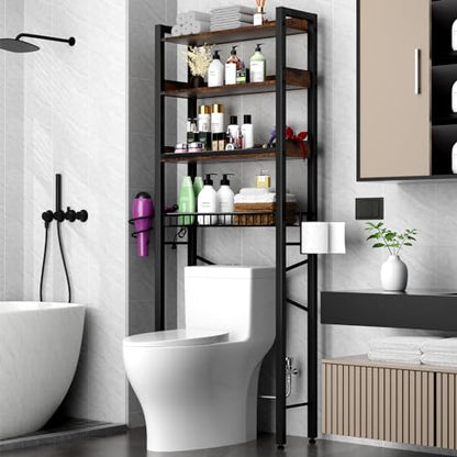Over The Toilet Storage Cabinet,4 Tier Bathroom Organizers and Storage With Adjustable Shelf Waterproof Feet Pad and Basket ,Multifunctional Space Saver Freestanding Bathroom Shelves With Dividers - color: Brown