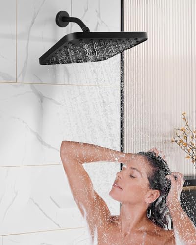 Square Shower Head, 6 Spray Modes High Pressure 10 Inch Black Shower heads, Rainfall & Massage Anti-Clog Nozzles Easy-Clean Surface for Spa Experience, Large Shower Head - color: Matte Black