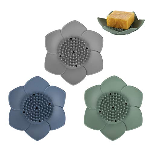 3 Pack Soap Dish Holder, Bar Soap Tray with Drain, Lotus Silicone Soap Saver Case for Shower Bathroom (Blue, Green, Grey) - color: Blue, Green, Grey