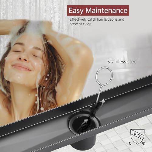 24 Inch Linear Shower Drain, Matte Black Shower Drain, Removable Grate, 304 Stainless Steel, Easy to Install and Clean for Bathrooms (Drain Base Not Included), LSD-15B-24B - size: 24 inch