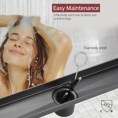 24 Inch Linear Shower Drain, Matte Black Shower Drain, Removable Grate, 304 Stainless Steel, Easy to Install and Clean for Bathrooms (Drain Base Not Included), LSD-15B-24B - size: 24 inch