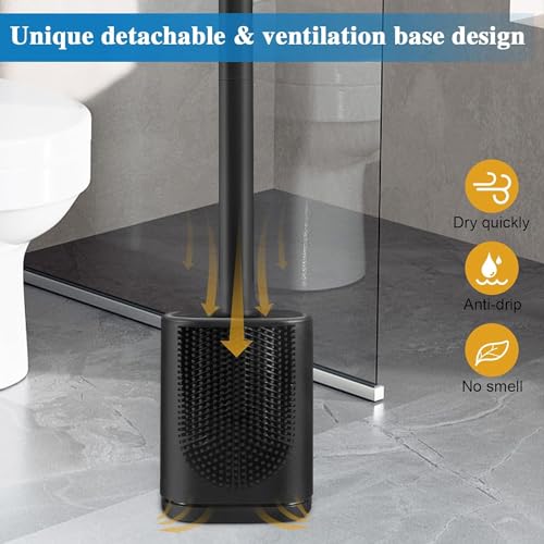 Silicone Toilet Brush and Holder Bendable Efficient Cleaning Wall Mounted Toilet Bowl Brush with Long Handle Brush Head and Silicone Bristles No Rusty Handles Problem (Black) | Bendable Efficient Cleaning Long Handle Efficient Cleaning RV Compact Bathroom