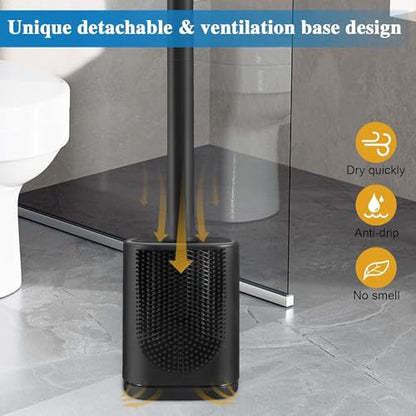 Silicone Toilet Brush and Holder Bendable Efficient Cleaning Wall Mounted Toilet Bowl Brush with Long Handle Brush Head and Silicone Bristles No Rusty Handles Problem (Black) | Bendable Efficient Cleaning Long Handle Efficient Cleaning RV Compact Bathroom