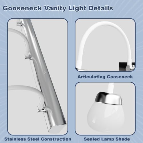 Bathroom Light Fixtures LED 3-Light 18 Inch 6000K Cool White | Vanity Light Adjustable Gooseneck Heads Rustproof Stainless Steel Over Mirror for Makeup Grooming