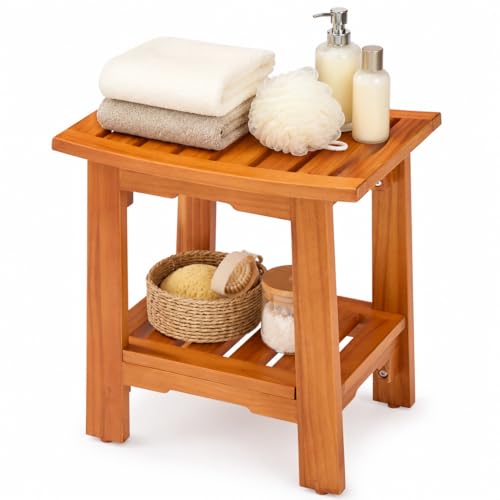 Simple Deluxe Teak Shower Bench, 14" Wood Shower Bench with Shelf, Waterproof Shower Stool for Inside Shower, Bath Chair for Bathroom, Tubs & Outdoor Use, 250LBS - size: 14"