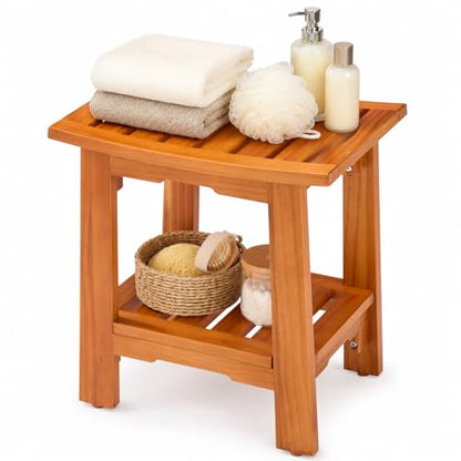 Simple Deluxe Teak Shower Bench, 14" Wood Shower Bench with Shelf, Waterproof Shower Stool for Inside Shower, Bath Chair for Bathroom, Tubs & Outdoor Use, 250LBS - size: 14"
