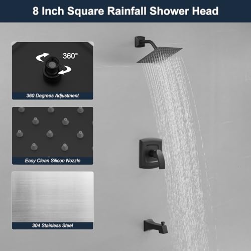 Tub Shower Faucet, Matte Black Shower Faucet Set with valve | 8-Inch Square Rain Shower Head and Tub Spout, Brass Shower System Bathtub Shower Faucet Set Complete, Tub shower faucet set