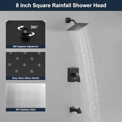 Tub Shower Faucet, Matte Black Shower Faucet Set with valve | 8-Inch Square Rain Shower Head and Tub Spout, Brass Shower System Bathtub Shower Faucet Set Complete, Tub shower faucet set