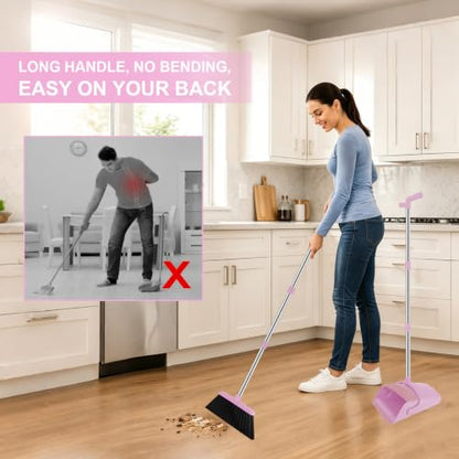 Broom and Dustpan Combo Set, 52" Long Handle with Squeegee & Mini Set | Pink Complete Cleaning Kit, Built-in Comb Dustpan, Floor Squeegee for Wet & Dry Messes, Mini Broom Set，for Home & Pet Areas - color: Pink