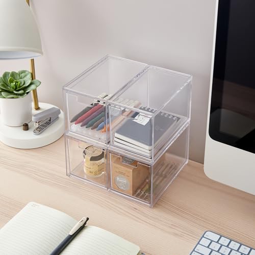 STORi Stackable Desk Organizer drawers, Clear Pen Pencil Makeup Brush drawers for Desktops and Vanities, 4 Tall Drawers (Made in USA) - style: 3.5"W x 3.5"H Drawers (Set of 4)