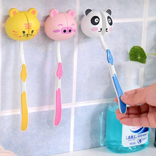 5 Pcs Wall-Mounted Toothbrush Holder Random Style | DustProof, Lovely Animal Head Design, Cartoon Suction Cup, Perfect for Home Bathrooms, Random Style