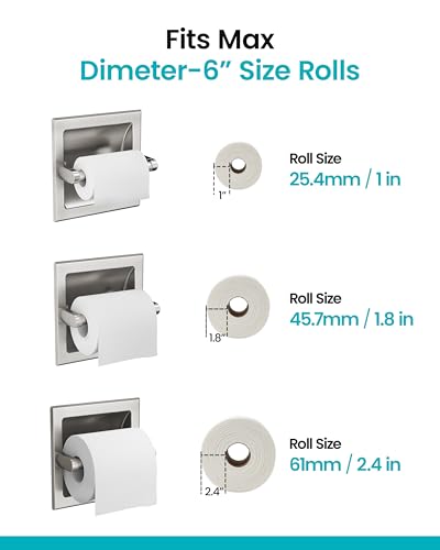 Recessed Toilet Paper Holder Brushed Nickel, in-Wall, 304 Stainless Steel | Inset Toilet Paper Holder, Spring-Free Pivoting Arm, Space-Saving Flush Mount, Fits Rolls up to 6 in - color: Brushed Nickel