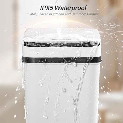 FRESHLIX Bathroom Garbage Can with Lid, 2.6 Gallon Diaper Trash Can, Automatic Trash Cans Touchless, Slim Waterproof Smart Commercial Trash Can for Bedroom, Bathroom, Office, Living Room, Toilet, RV - color: A-Basic Battery Supply-White, size: 1 Pack(2.6