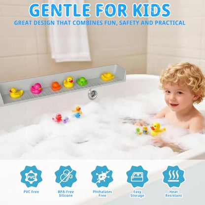 31-inch Silicone Bathtub Shelf with Strong Suction Cups | Extended Splash Guard & Toy Holder | Waterproof Bath Tub Organizer Tray to Prevent Spills, Matte Finish, Easy Storage