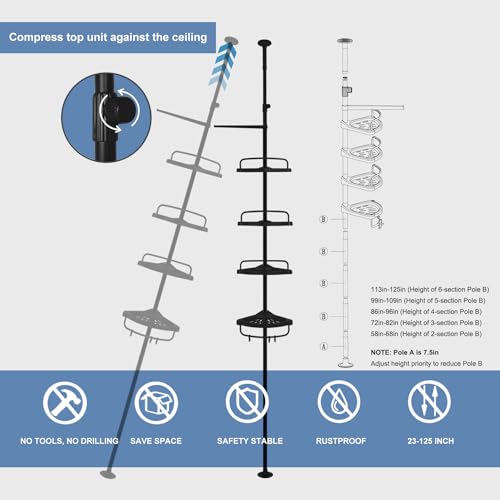 Hans&Alice H&A Tension Shower Caddy Pole, Bathroom Corner Shower Rack, Stainless Steel Pole and Rustproof-Black